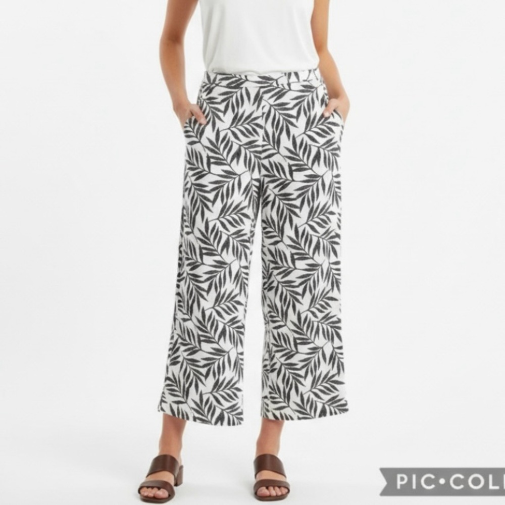 J. Jill Wearever Floating Palm Black White Cropped Full Leg Pants XS Palazzo